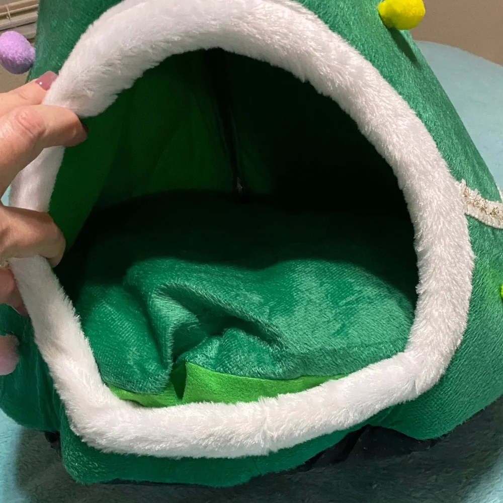 Cozy Christmas Tree Cat Bed with Red Bow